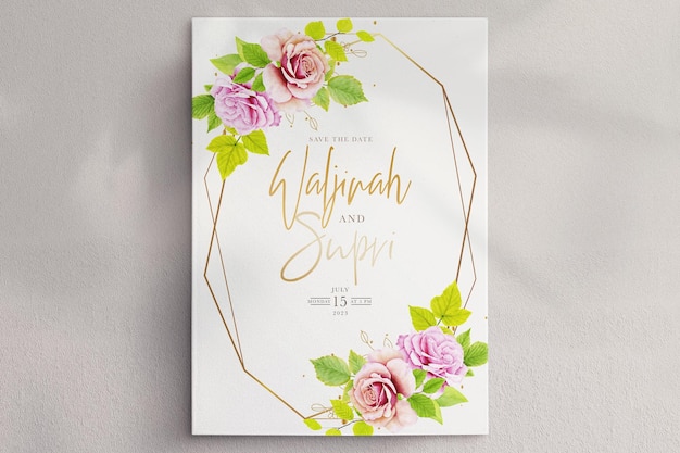 Beautiful Floral Roses and Leaves Wedding Invitation Card Set – Free Download