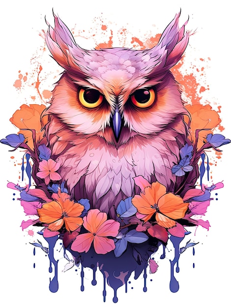 Pastel Color Watercolor Owl Art Tattoo with Spring Flowers – Free Download