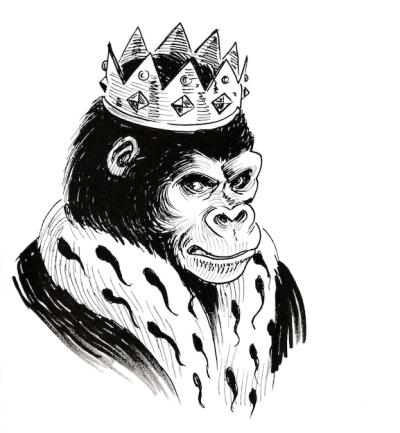 Royal Gorilla in Crown: Ink Black and White Drawing – Free Download