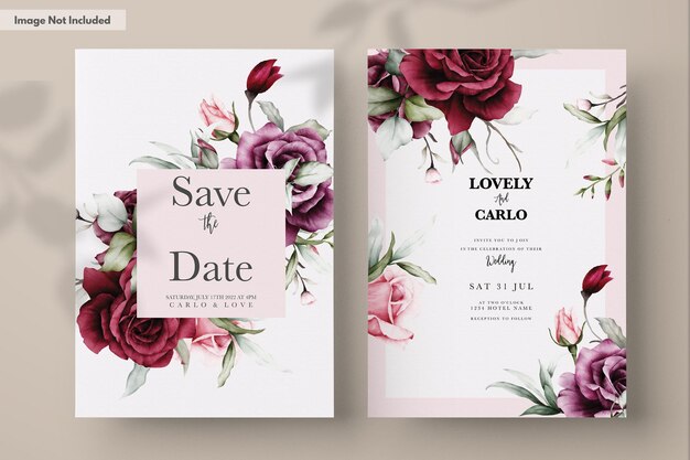 Elegant Red Roses Watercolor Wedding Invitation Card Set – Free Download