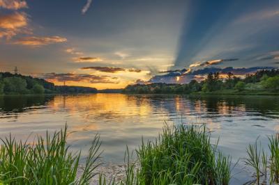 Stunning Sunset Over a Serene Lake Surrounded by Lush Forests and Green Grass – Free Download