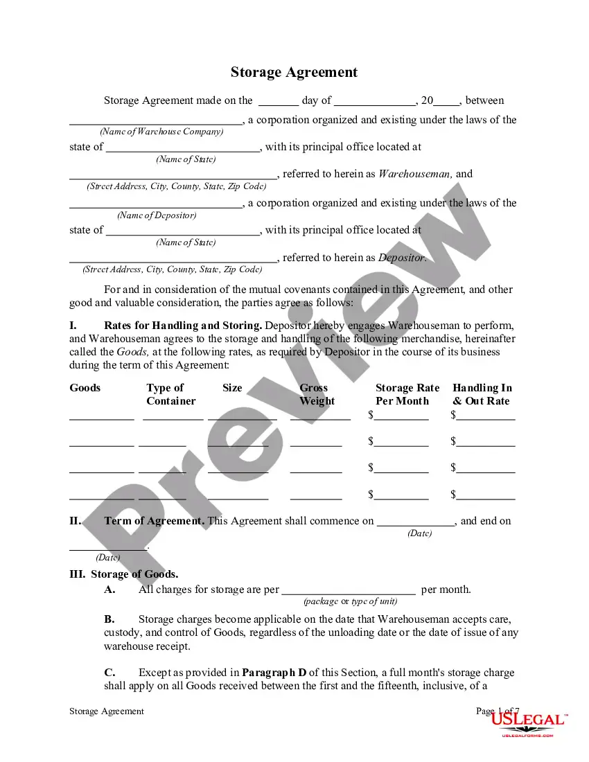 California Storage Agreement Document Storage Agreement US Legal Forms