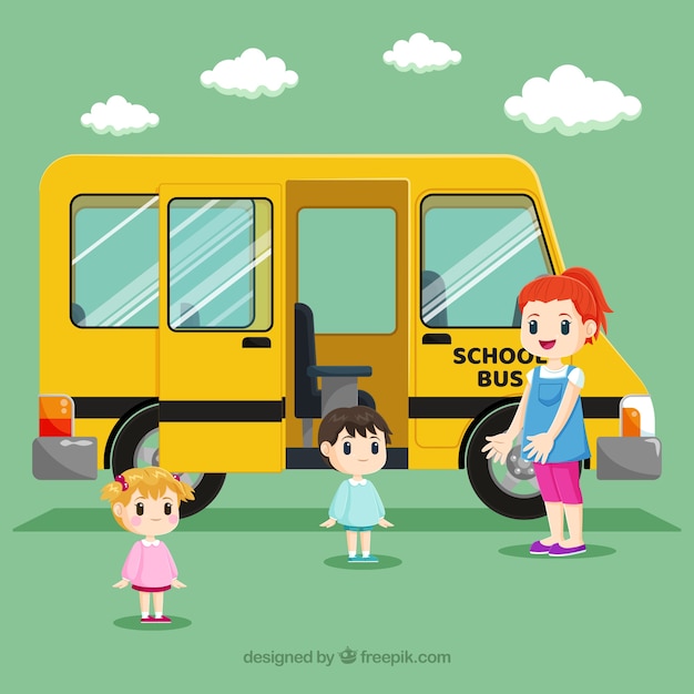 Flat Design of a School Bus and Children – Free Download