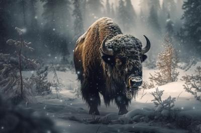 Bison Standing in a Snowy Forest – Wild Animals Illustration – Free Stock Photo for Download