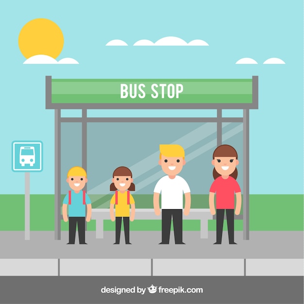 Flat Design of Bus Stop and People – Free Download