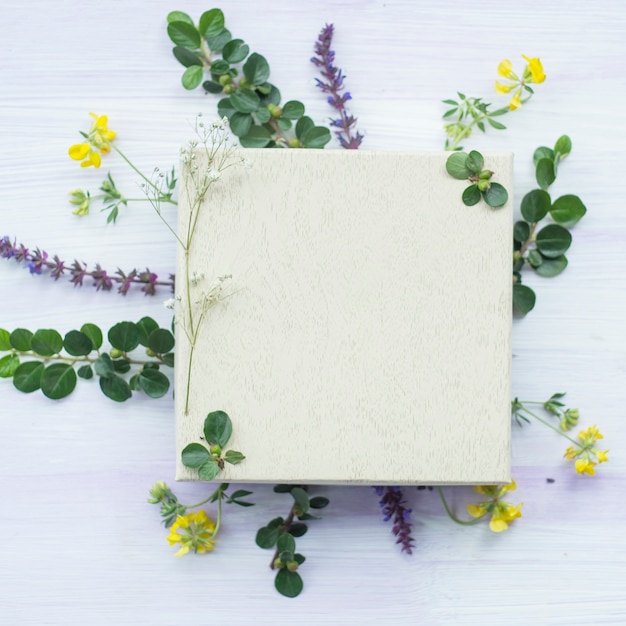 Wooden White Blank Frame Surrounded by Flowers and Leaves on Textured Background – Free Download