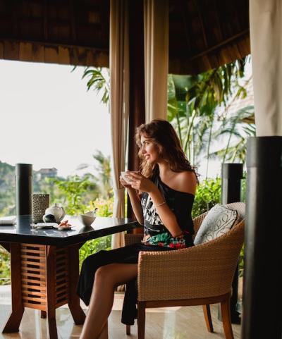 Young Stylish Beautiful Woman at Tropical Resort Cafe – Free Download