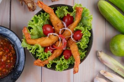 Shrimp Deep Fried in Batter on Salad and Tomatoes – Free Download