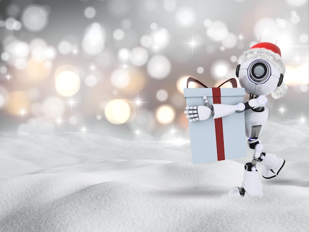 Robot Carrying a Christmas Gift in Snow – Free to Download