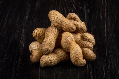 Frontal View of Peanuts in Shell on Black Wooden Table – Free Download