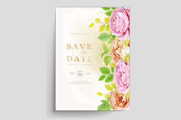 Watercolor Floral Roses and Green Leaves Wedding Invitation Card Set – Download Free Stock Photo