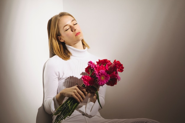 Thoughtful Woman with Pink Flower Bouquet – Free Stock Photo, Download Free