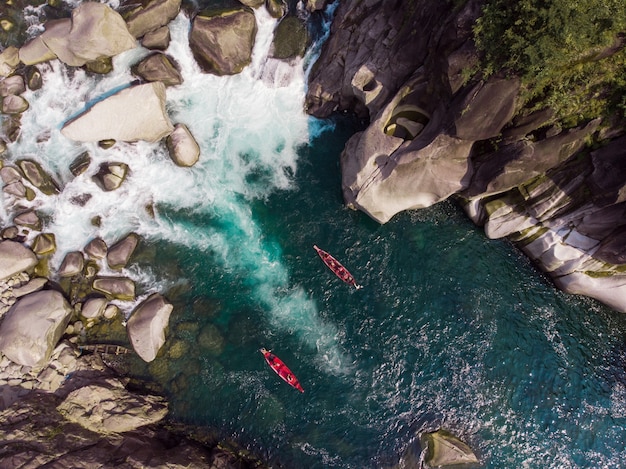 Aerial Shot of Boats in the Spiti River Near Kaza, India – Free Download