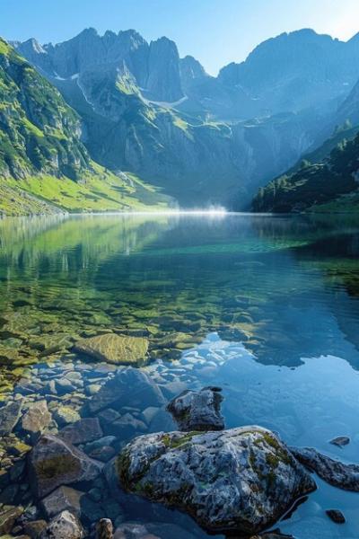 Alpine Serenity: Early Morning Glow on Glassy Lake with Mountain Reflections – Free Download