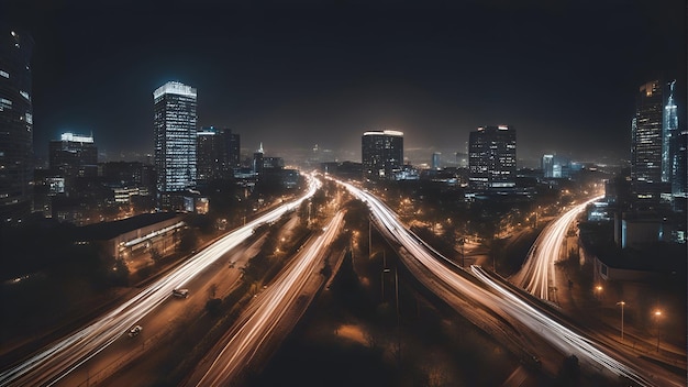 Aerial View of a Highway at Night with Fast Moving Cars – Free Download