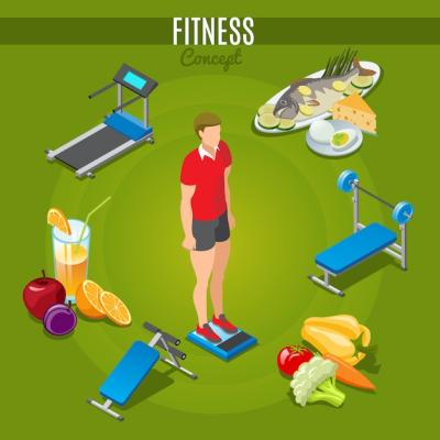 Isometric Fitness Concept Featuring Man on Scales with Healthy Food and Beverages – Free Download