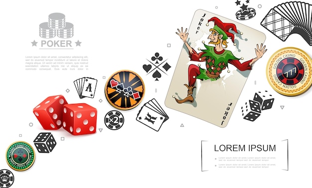 Realistic Gambling and Poker Elements Concept Featuring Joker Playing Card, Dices, and Colorful Casino Chips – Free Download