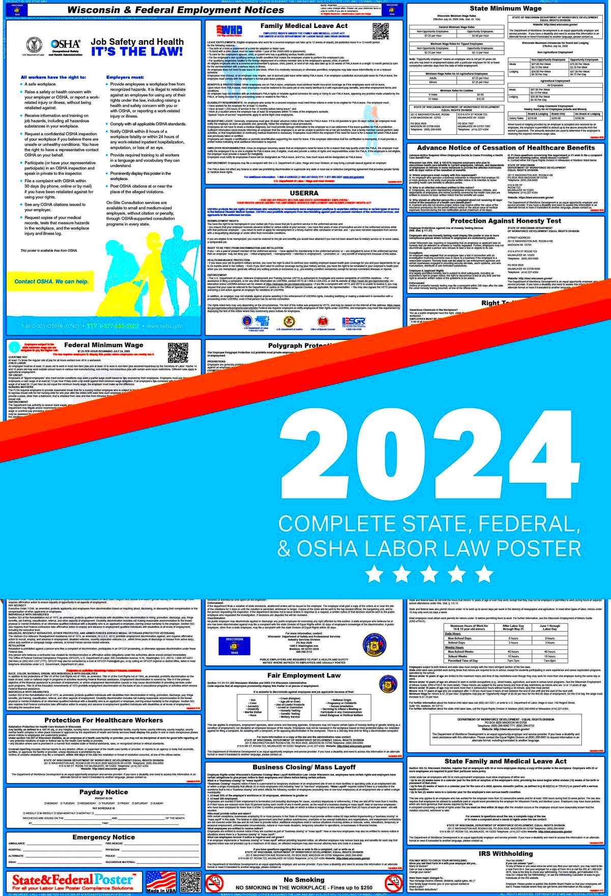 Wisconsin State and Federal Labor Law Poster 2024 State and Federal 