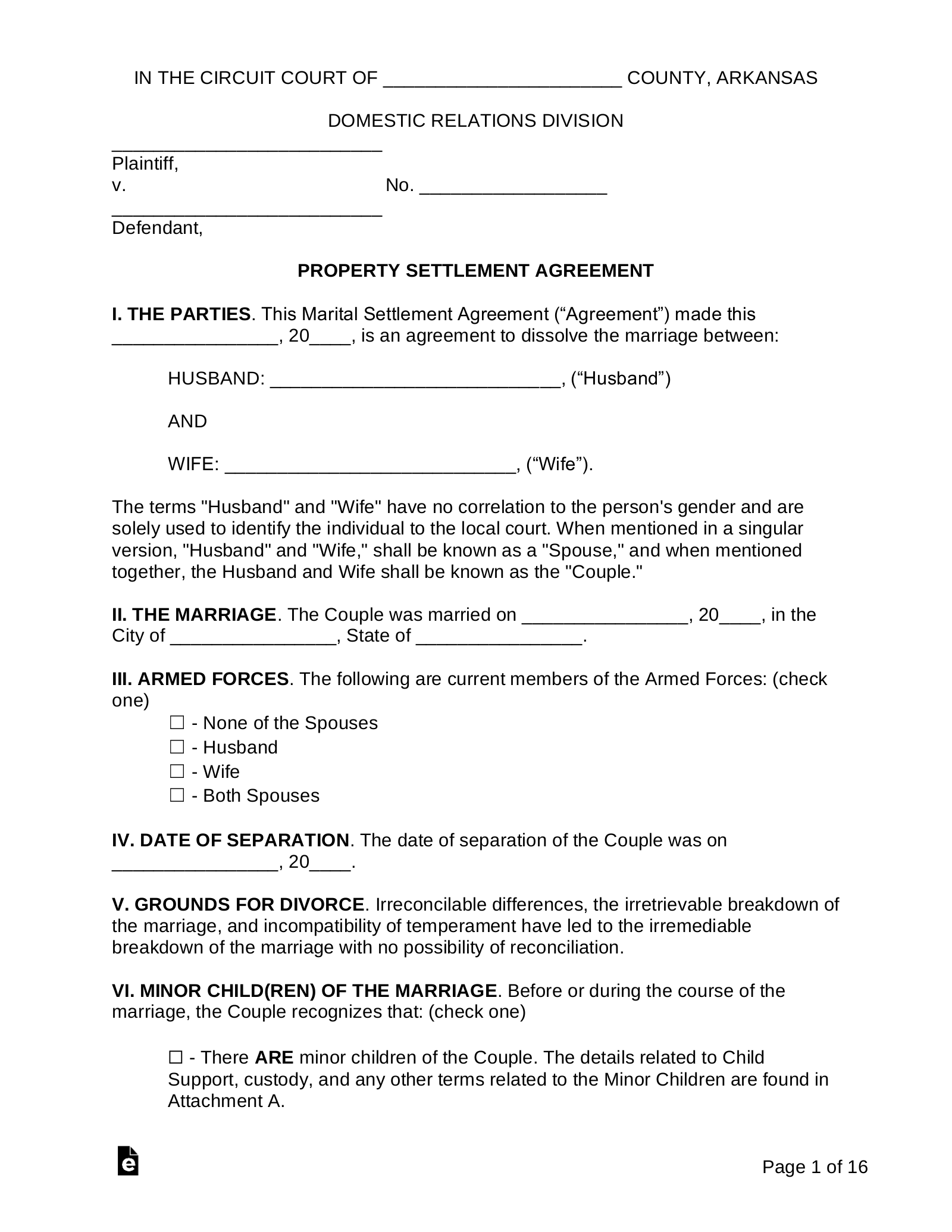 Arkansas Separation Agreement Template eForms