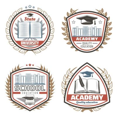 Vintage Colored Education Emblems Set with Books, Graduation Cap, and Floral Wreaths – Free Download