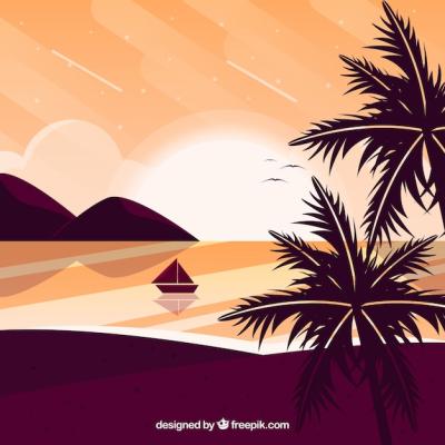 Flat Sunset Background with Palm Trees – Free Download