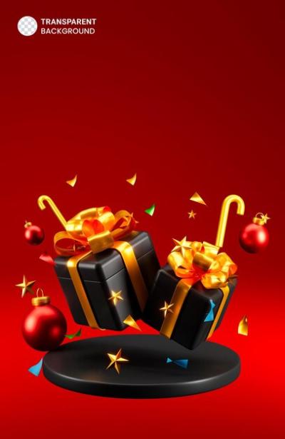 Black Gift Boxes with Golden Ribbon on Podium Stage Background – Free Download