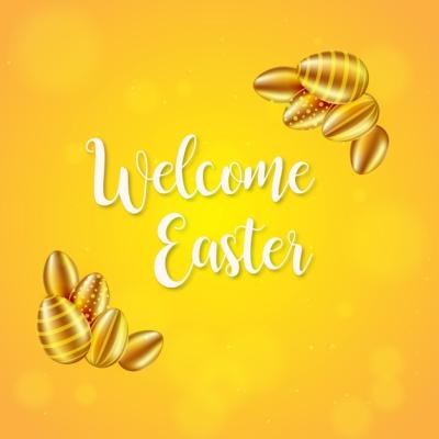 Cute Colourful Happy Easter Sale Poster Banner with Yellow Golden Background and Eggs – Free Download