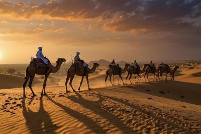 Silhouettes of Indian Cameleers and Camels in Thar Desert at Sunset – Free Stock Photo for Download