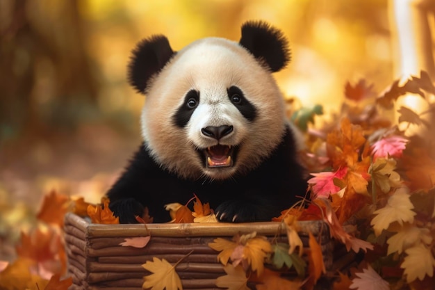 Cute Panda Sitting on a Bamboo Basket – Free Download