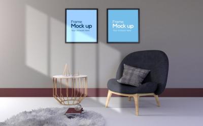 Modern Living Room Mockup Featuring Chair, Table, and Frames – Free Download