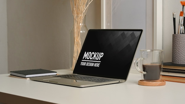 Captivating Close-Up of a Home Office Workspace Featuring a Laptop Mockup – Free to Download