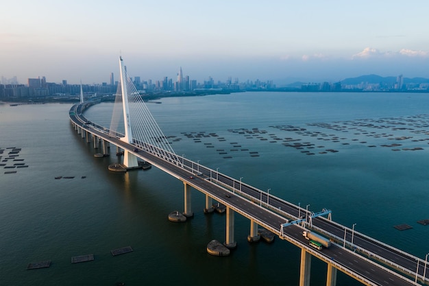 Drone Fly Over Shenzhen Bay Bridge in Hong Kong – Free Stock Photo for Download