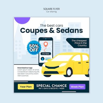 Flat Design Car Sharing Square Flyer – Free Download