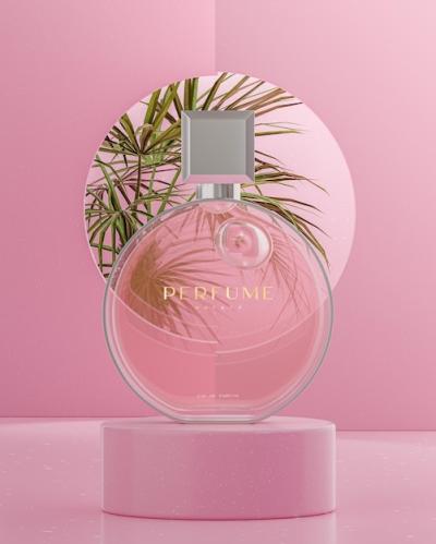 Pink Perfume Bottle Logo Mockup on Tropical Trees Background – Free Download