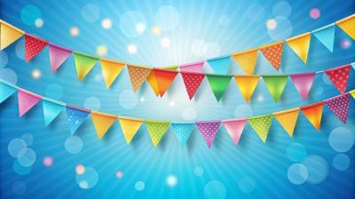 Colorful Party Flags on Blue Background with Bokeh – Free to Download