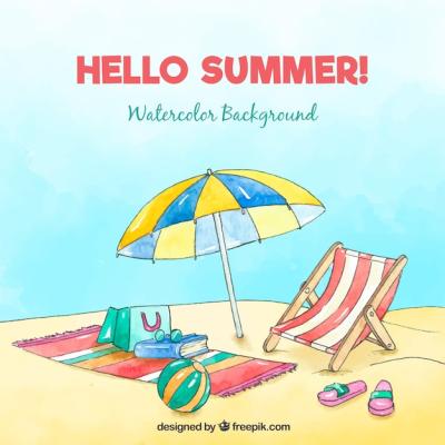 Hello Summer Background with Beach in Watercolor Style – Free Download