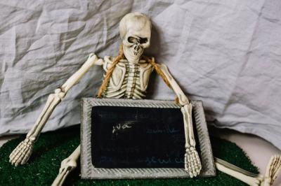 Skeleton Sitting with Blackboard – Free Stock Photo for Download