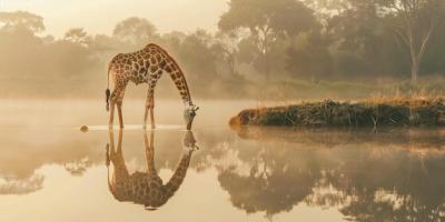 Giraffe Drinking at Dawn – Free Stock Photo for Download