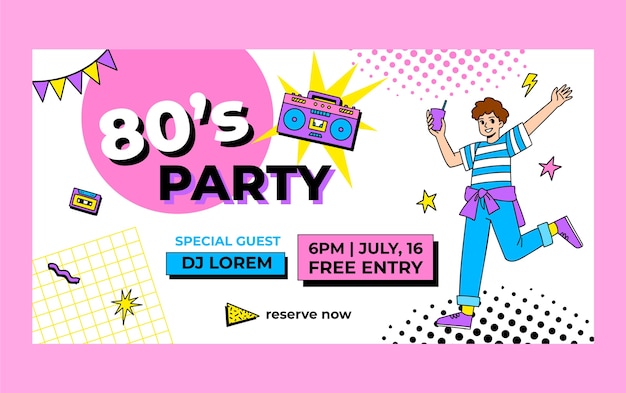 Hand Drawn 80s Party Celebration Facebook Template – Free Download