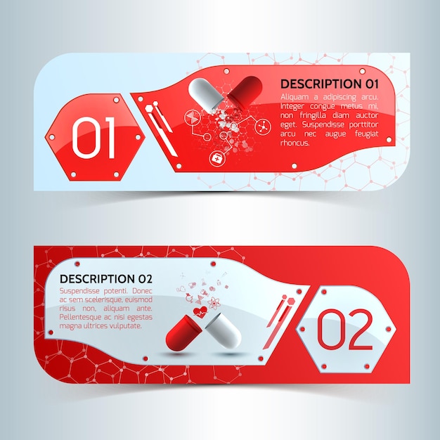 Trio Horizontal Medical Banners Collection Featuring Symbols, Medicinal Capsules, and Atomic Structures – Free Download