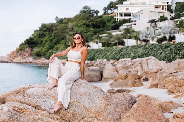 Young Happy Caucasian Woman at Sunset on Tropical Beach – Free Download