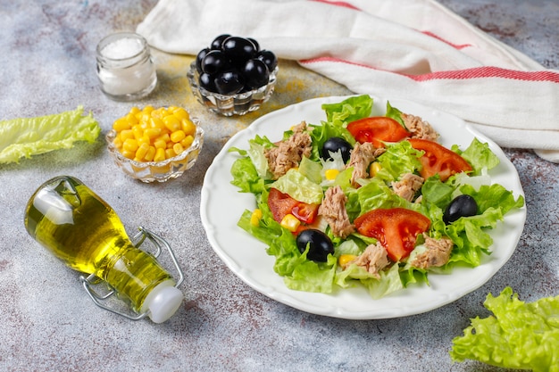 Tuna Salad with Lettuce, Olives, Corn, and Tomatoes – Free Stock Photo for Download