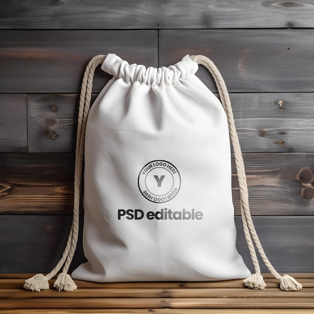 Editable White Drawstring Bag Mockup on Wooden Table – Free Download