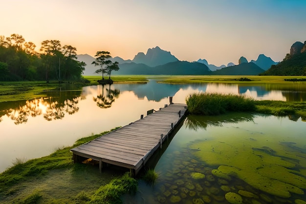 A Dock Surrounded by Serenity: Mountains Reflected in a Lake – Free Download