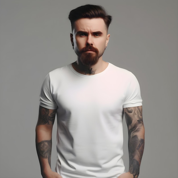 Handsome Bearded Man in White T-Shirt Over Grey Background – Free Stock Photo, Download for Free