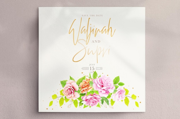 Beautiful Floral Roses and Leaves Wedding Invitation Card Set – Free to Download