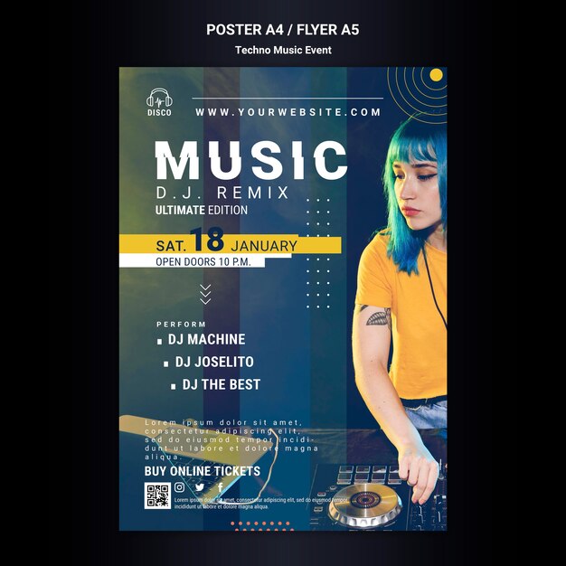 Vertical Techno Music Night Party Poster Template – Free Download