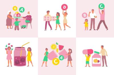 Happy People and Vitamins: Flat Vector Compositions for Free Download