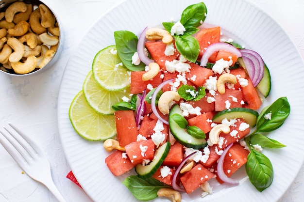 Refreshing Watermelon Salad with Cashew Nuts and Feta – Free Stock Photo, Download Free