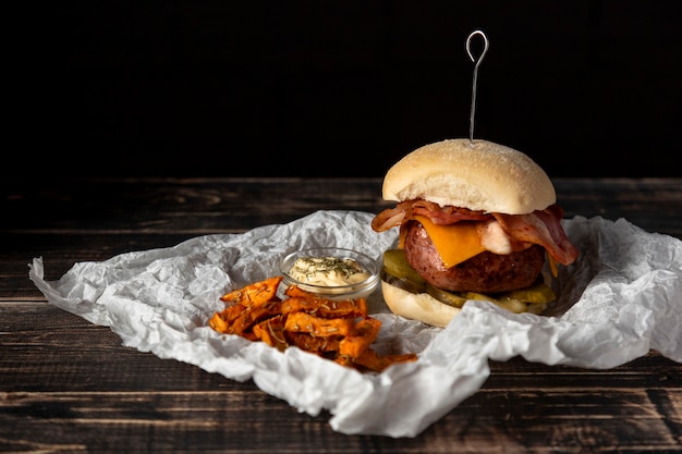 Cheeseburger and Sweet Potato Fries with Sauce – Free Download